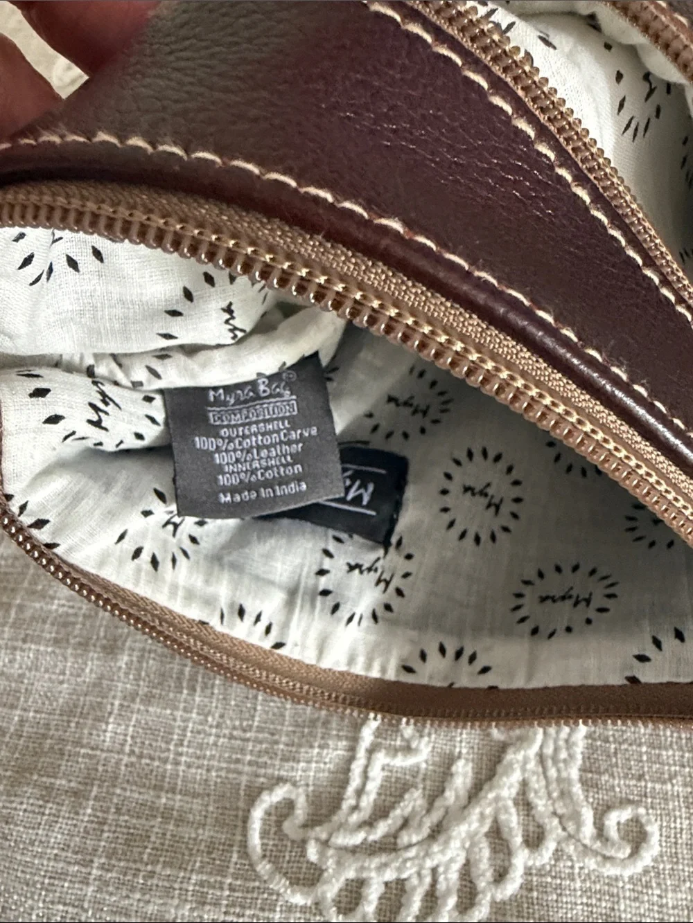 Myra NWOT Puzzled Pouch Wristlet Brown Leather & Beige fabric Wristlet Clutch